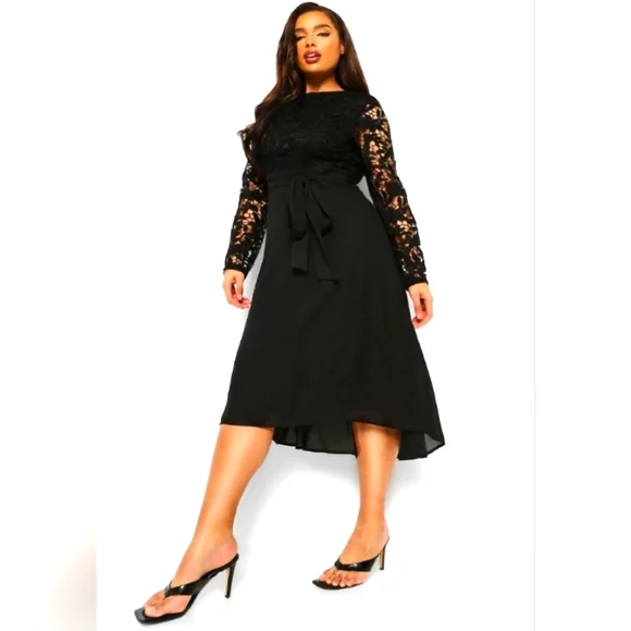 Boohoo Plus Size Occasion Lace Contrast Midi Dress - Black - Size 14